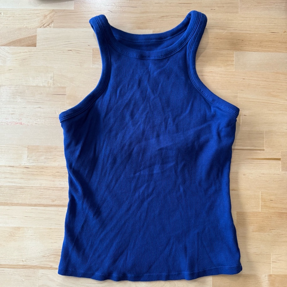 Blue Ribbed Tank Top With Built In Bra